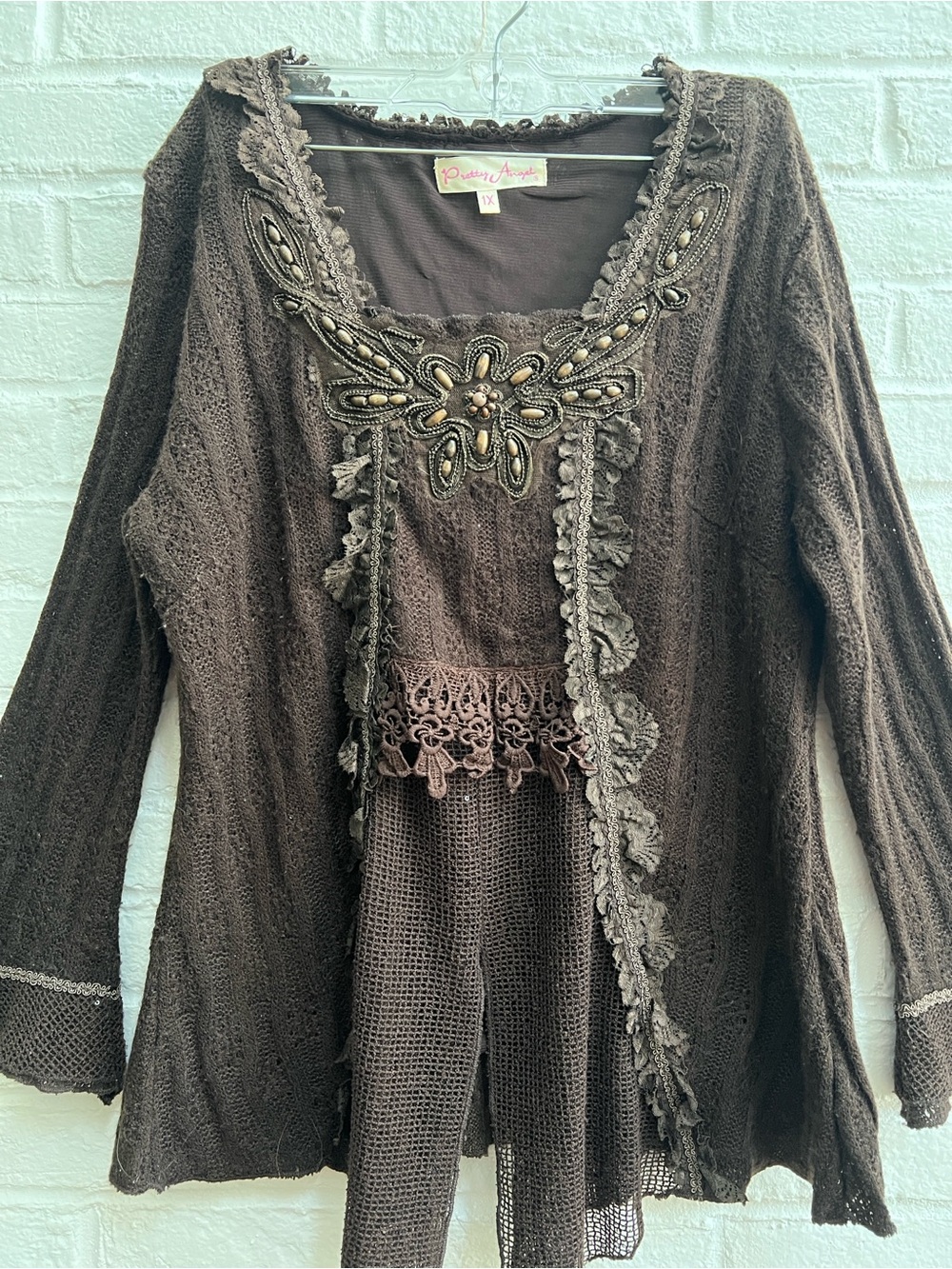 PRETTY ANGEL Brown Embroidery beaded Sweater Longsleeve Square Neck Mesh Lace - Picture 13 of 15
